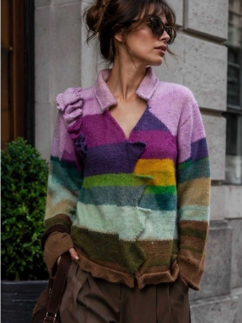 Handmade 100% Merino Wool Art Sweater Colorblock Ruffle Chunky Knit M/L